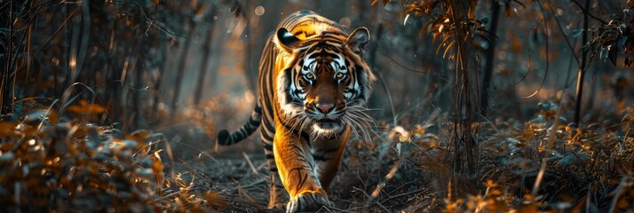 Majestic bengal tiger in jungle  photorealistic cinematic masterpiece capturing raw power and beauty - obrazy, fototapety, plakaty