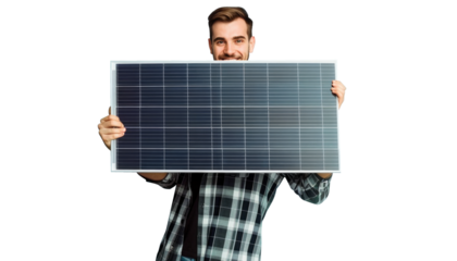 Smiling young man in checkered shirt holding a solar panel.png