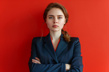 A woman with her arms crossed in front of a red wall