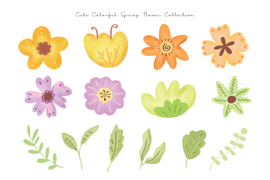 Cute Colorful Spring Flower and Leaf Collection