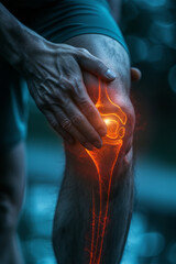 pain relief advertisment, a man holding his knee, close up of the knee, the knee glowing red,generative ai