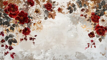 Background consisting of various flowers. Crimson color palette with copy space. Illustration for poster, brochures, booklets, promotional materials, website	
