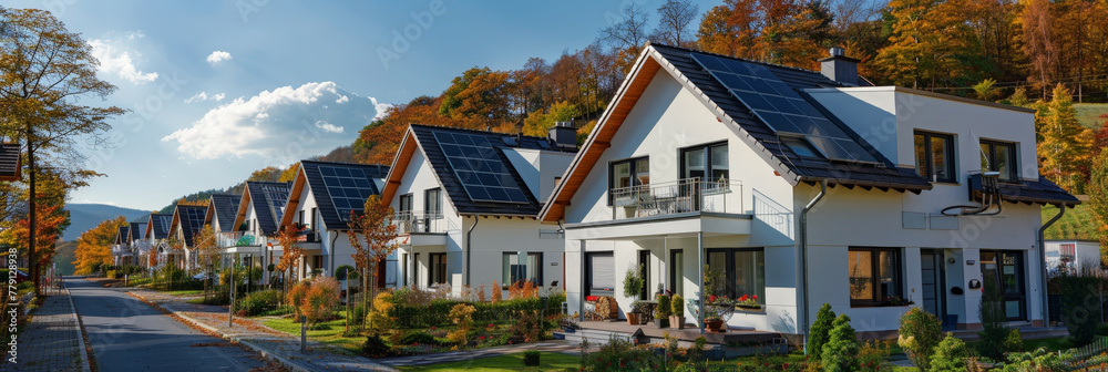 Wall mural A vibrant row of houses featuring sleek solar panels on their rooftops, harnessing the power of the sun for sustainable energy