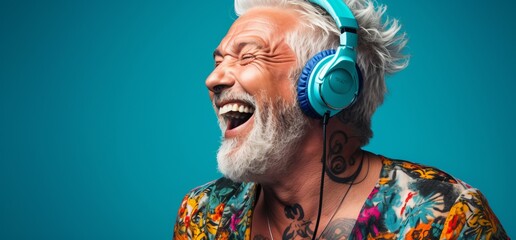 Joyful senior man listening to music in headphones