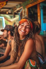 Portrait of a smiling young hippie woman enjoying with her friends in a bar on a summer day