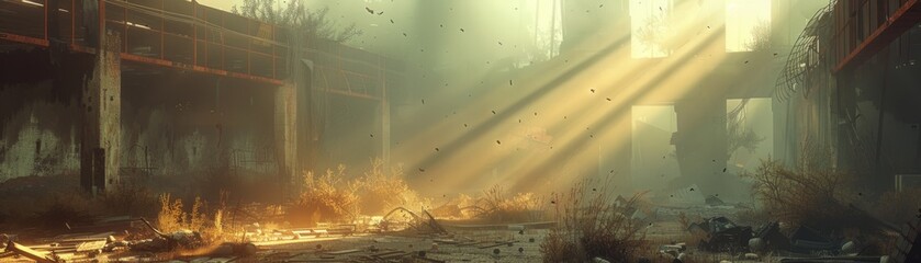 Sunlight streams through industrial ruins - Warm sunlight pierces the gloom of an abandoned industrial area, creating a scene of contrast and hope - obrazy, fototapety, plakaty