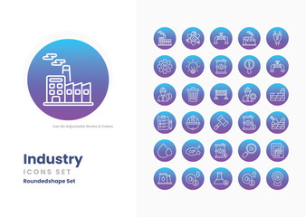 industry icons set such as, Factory, Manufacturing, Production Line, Machinery, Industrial Robot, Assembly Line, vector stock illustration