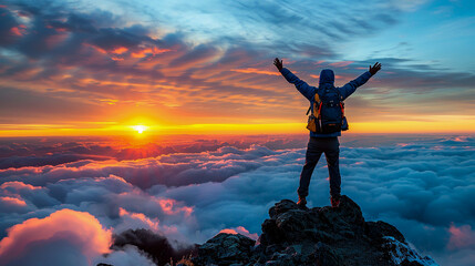 A person reaching the summit of a mountain, arms raised in victory against a breathtaking sunrise