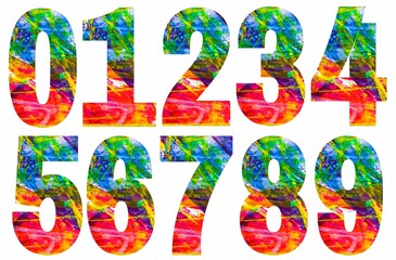Colorful numbers designs on white background. Beautiful multicolored numbers design decorated from 0 to 9..
