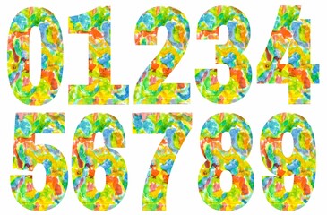 Colorful numbers designs on white background. Beautiful multicolored numbers design decorated from 0 to 9..