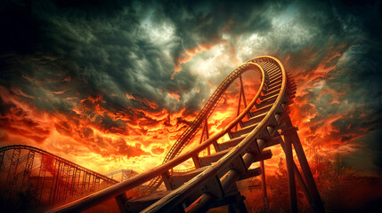 A roller coaster empty and silent before opening, its tracks a symbol of anticipated thrills