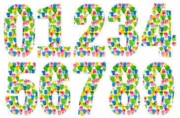 Colorful numbers designs on white background. Beautiful multicolored numbers design decorated from 0 to 9..