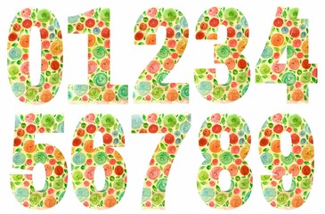 Naklejka premium Colorful numbers designs on white background. Beautiful multicolored numbers design decorated from 0 to 9..