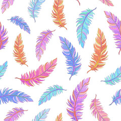 Multicolored feathers falling on white backdrop vector seamless pattern. Attractive colorful surface art for printing or for use in graphic design projects.