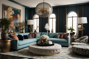 Elegantes Wohnzimmer in Blautönen mit modernen und traditionellen Designelementen - obrazy, fototapety, plakaty