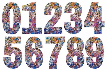 Colorful numbers designs on white background. Beautiful multicolored numbers design decorated from 0 to 9..