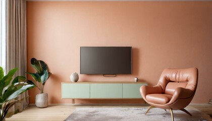 Sophisticated Simplicity: Pastel Peach Fuzz TV Wall Mount Mockup with Leather Armchair"