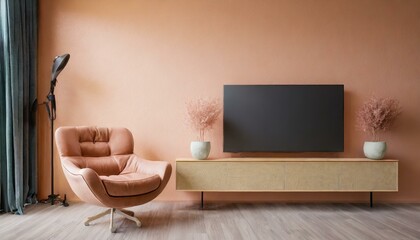 Sophisticated Simplicity: Pastel Peach Fuzz TV Wall Mount Mockup with Leather Armchair"