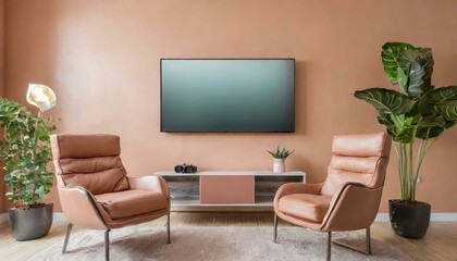 Sophisticated Simplicity: Pastel Peach Fuzz TV Wall Mount Mockup with Leather Armchair"