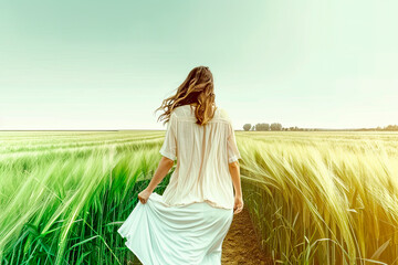 Woman walking backwards wearin
g a long white dress on a windy day, walking in a green field with tall grass