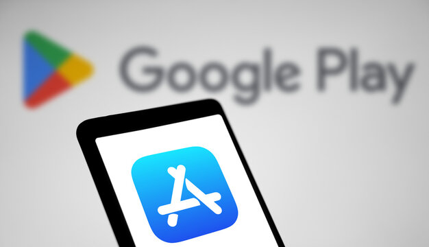 Dhaka, Bangladesh- 07 Apr 2024: Apple App Store displayed on smartphone and Google play store on the background.