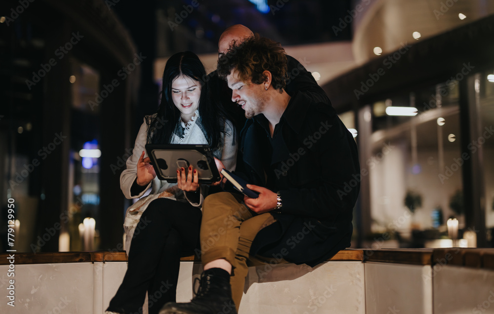 Wall mural two business associates reviewing content on a tablet during an informal meeting outdoors at night, 