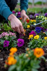 Planting colorful flowers and fresh herbs in a garden bed, surrounded by gardening tools and vibrant blooms