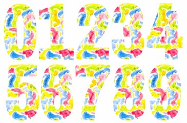 Colorful numbers designs on white background. Beautiful multicolored numbers design decorated from 0 to 9..