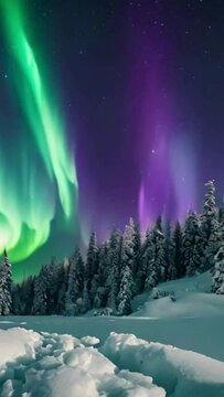Night sky video footage, 4k vertical video, high definition video, stock video footage, royalty free video, aurora borealis, northern lights, starry night sky, winter landscape, snow covered landscape