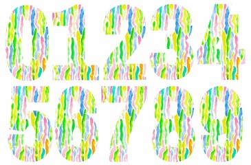 Colorful numbers designs on white background. Beautiful multicolored numbers design decorated from 0 to 9..