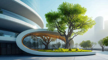Eco-friendly building in modern city. Round office building with green environment. Futuristic architecture