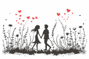 silhouette of a loving couple on a meadow with hearts