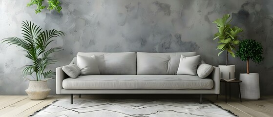 Minimalist Boho Retreat with a Chic Grey Couch. Concept Boho Decor, Minimalist Style, Chic Grey Couch, Home Retreat, Interior Design