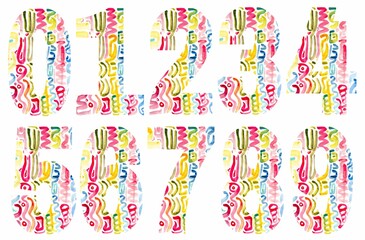 Colorful numbers designs on white background. Beautiful multicolored numbers design decorated from 0 to 9..