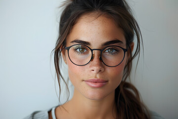Closeup portrait of young beautiful woman in glasses, isolated on light grey background