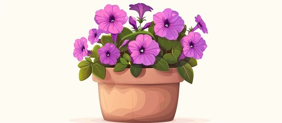 A terrestrial plant with magenta flowers and green leaves in a flowerpot against a white background, creating a vibrant display of nature indoors