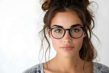 Obraz premium Closeup portrait of young beautiful woman in glasses, isolated on light grey background