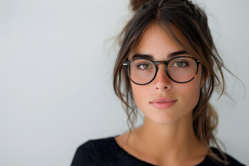 Obraz premium Closeup portrait of young beautiful woman in glasses, isolated on light grey background