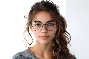 Obraz premium Closeup portrait of young beautiful woman in glasses, isolated on light grey background