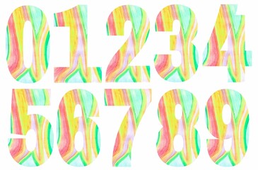 Obraz premium Colorful numbers designs on white background. Beautiful multicolored numbers design decorated from 0 to 9..