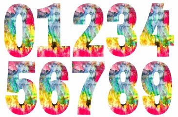 Colorful numbers designs on white background. Beautiful multicolored numbers design decorated from 0 to 9..
