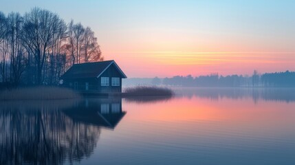Tranquil sunrise at lakeside with small house, warm sky reflections for a serene atmosphere - obrazy, fototapety, plakaty