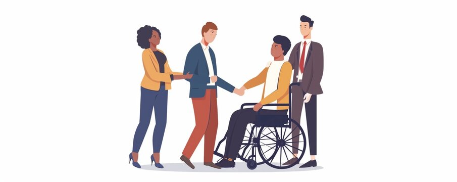 Colleagues offering support and assistance to a business professional with a disability, fostering a supportive and empathetic work culture that values diversity and cooperation