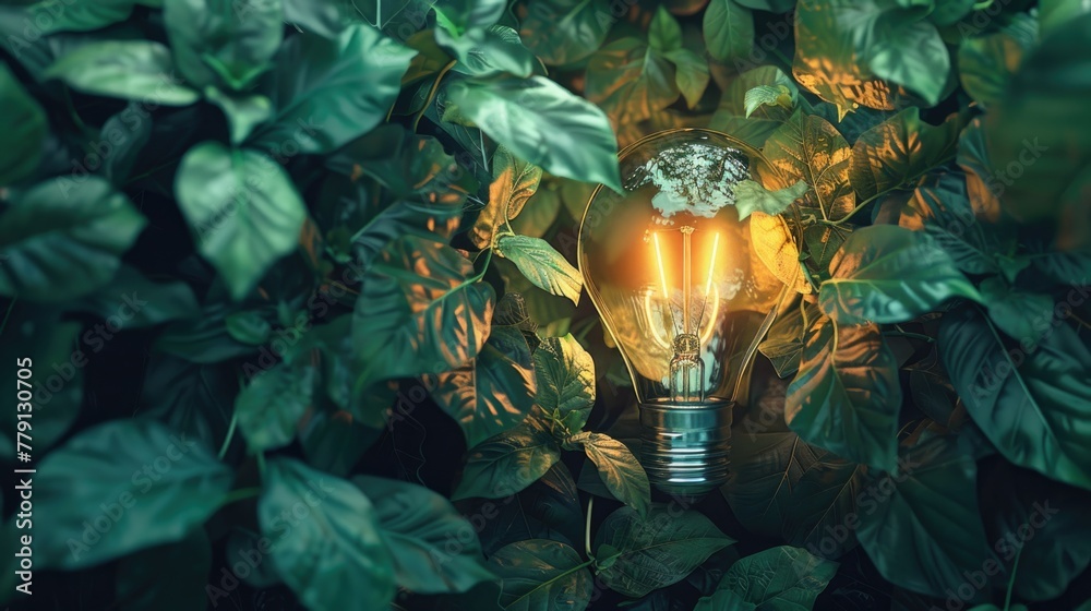 Poster a light bulb sitting in the middle of a bush. suitable for environmental concepts