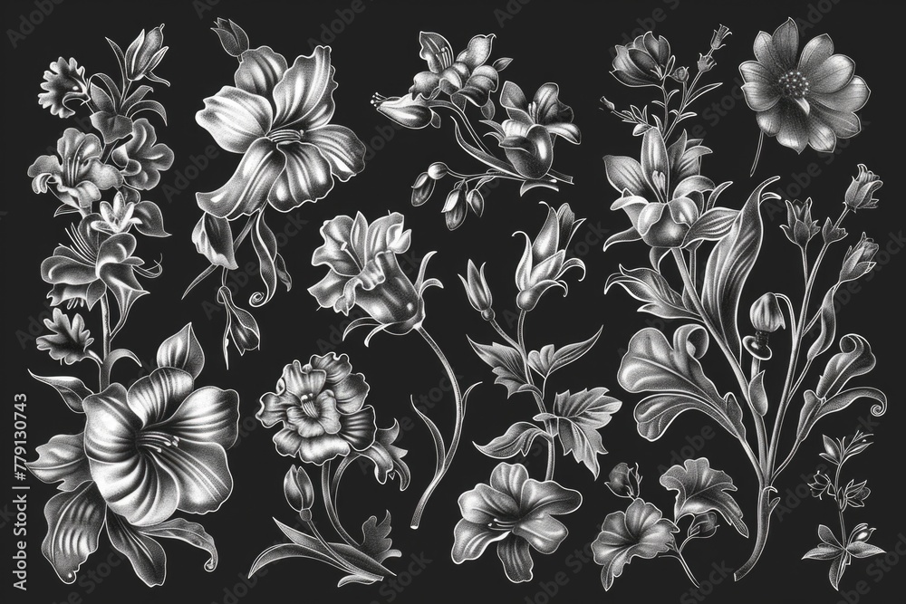 Poster vibrant flowers arranged on a dark backdrop, suitable for various design projects