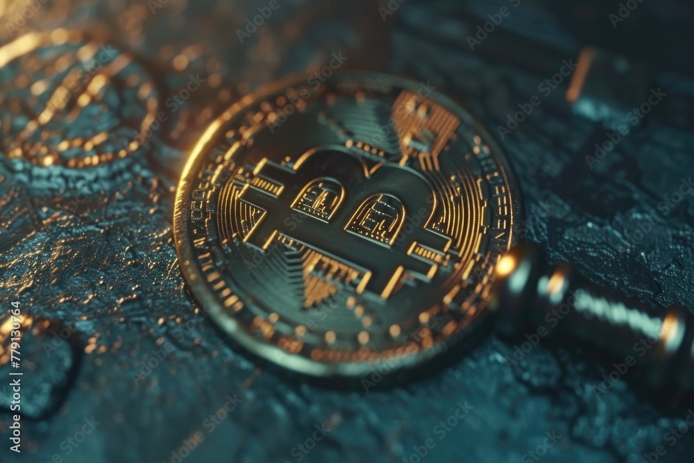 Poster detailed close up of a bitcoin with a magnifying glass. ideal for financial concepts