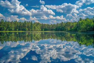 Fototapeta premium Serene view of a body of water with trees and clouds reflecting in it. Suitable for nature and landscape themes