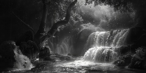 A striking black and white photo of a majestic waterfall. Ideal for nature and travel themes