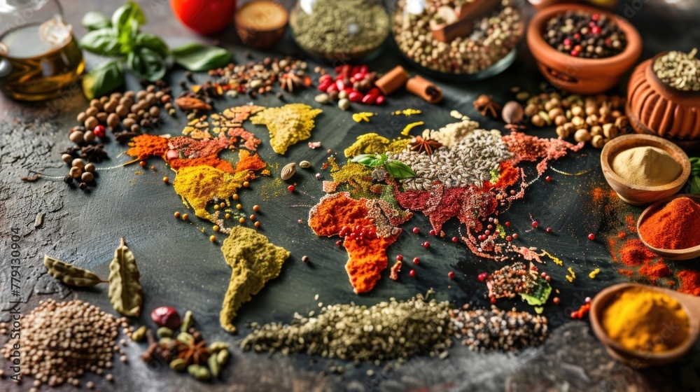 Poster a unique world map surrounded by various spices, perfect for culinary or travel concepts