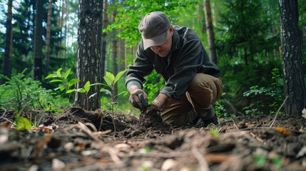 A man kneeling down in the dirt with a plant. Suitable for environmental concepts